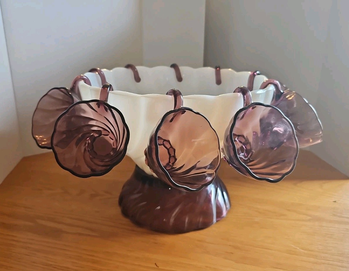 Amethyst & White Milk Glass Swirl Punch Bowl & Stand 10 Amethyst Cups