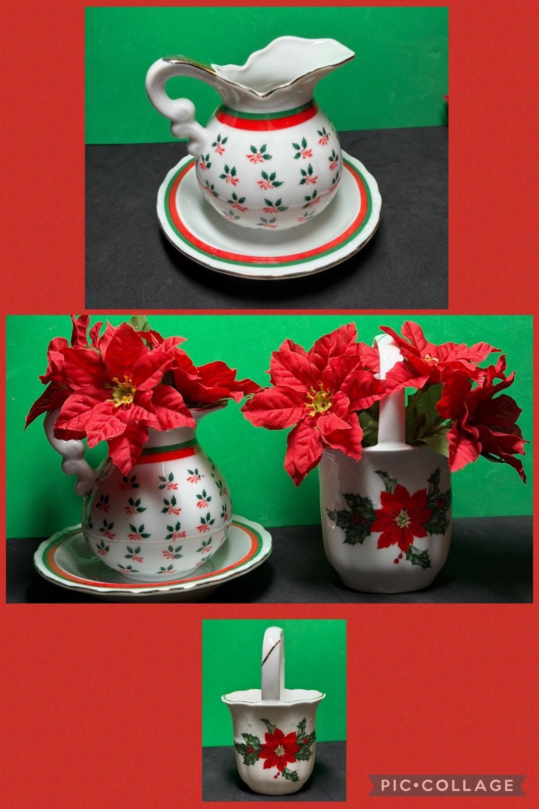 3 Vtg LEFTON Holly & Poinsettia Mini Pitcher Creamer and Basket Christmas Flower