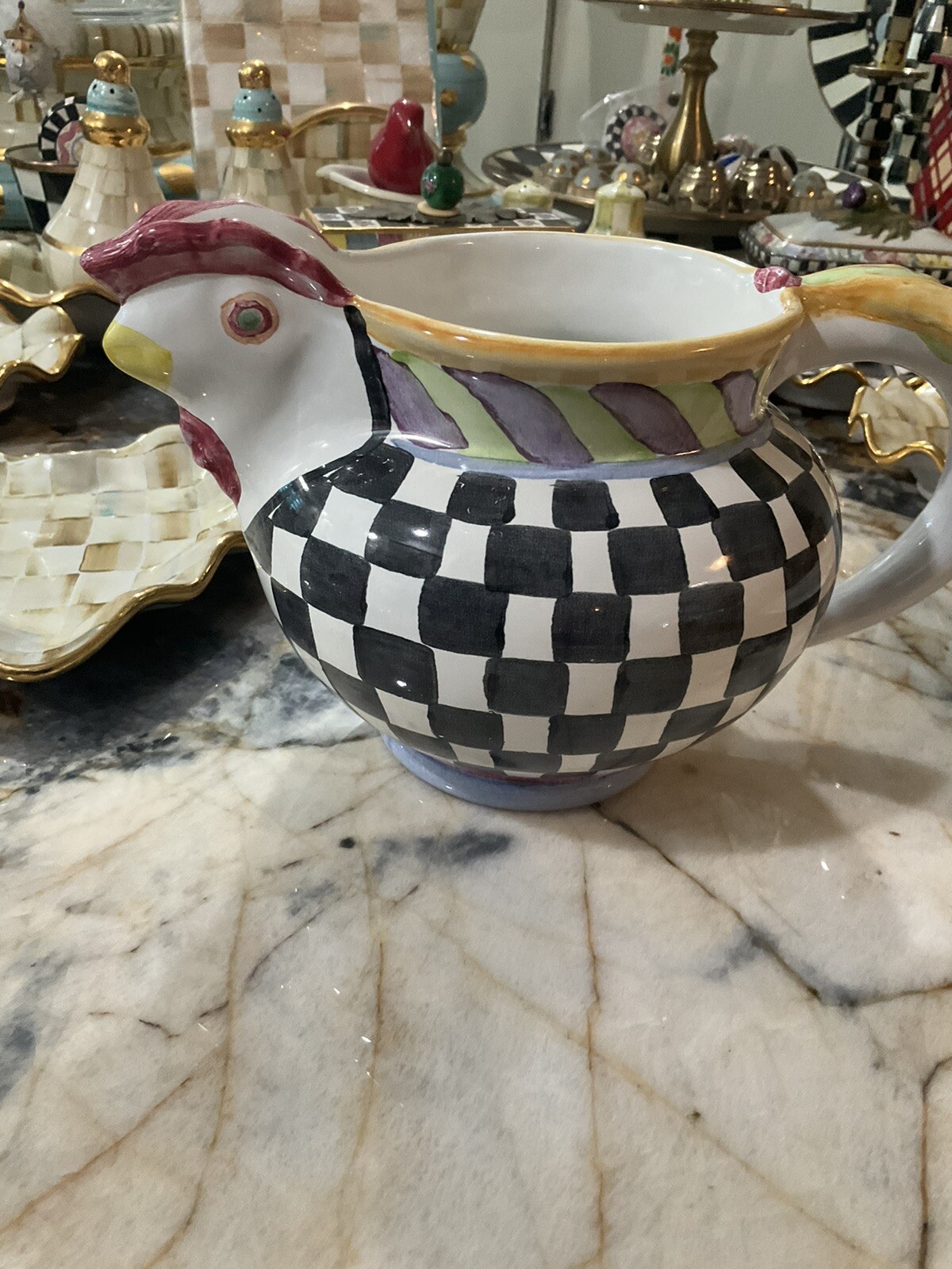 MacKenzie-Childs Piccadilly Chicken Ceramic Pitcher With Courtly Check