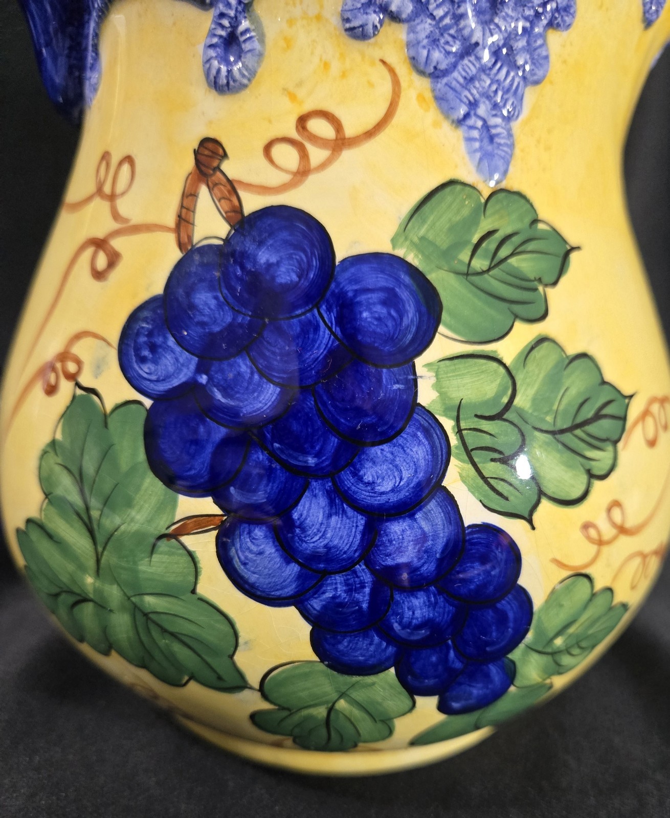 MINT VTG Pitcher With Grapes Hand Painted Rare Yellow/Cobalt Blue Braided Trim