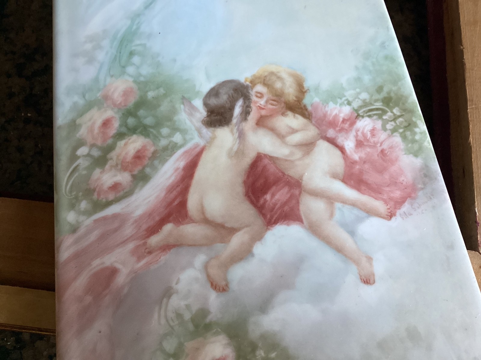 Antique 14×6” T&V Limoges HandPainted Porcelain Tile Plaque Artist Signed Cherub