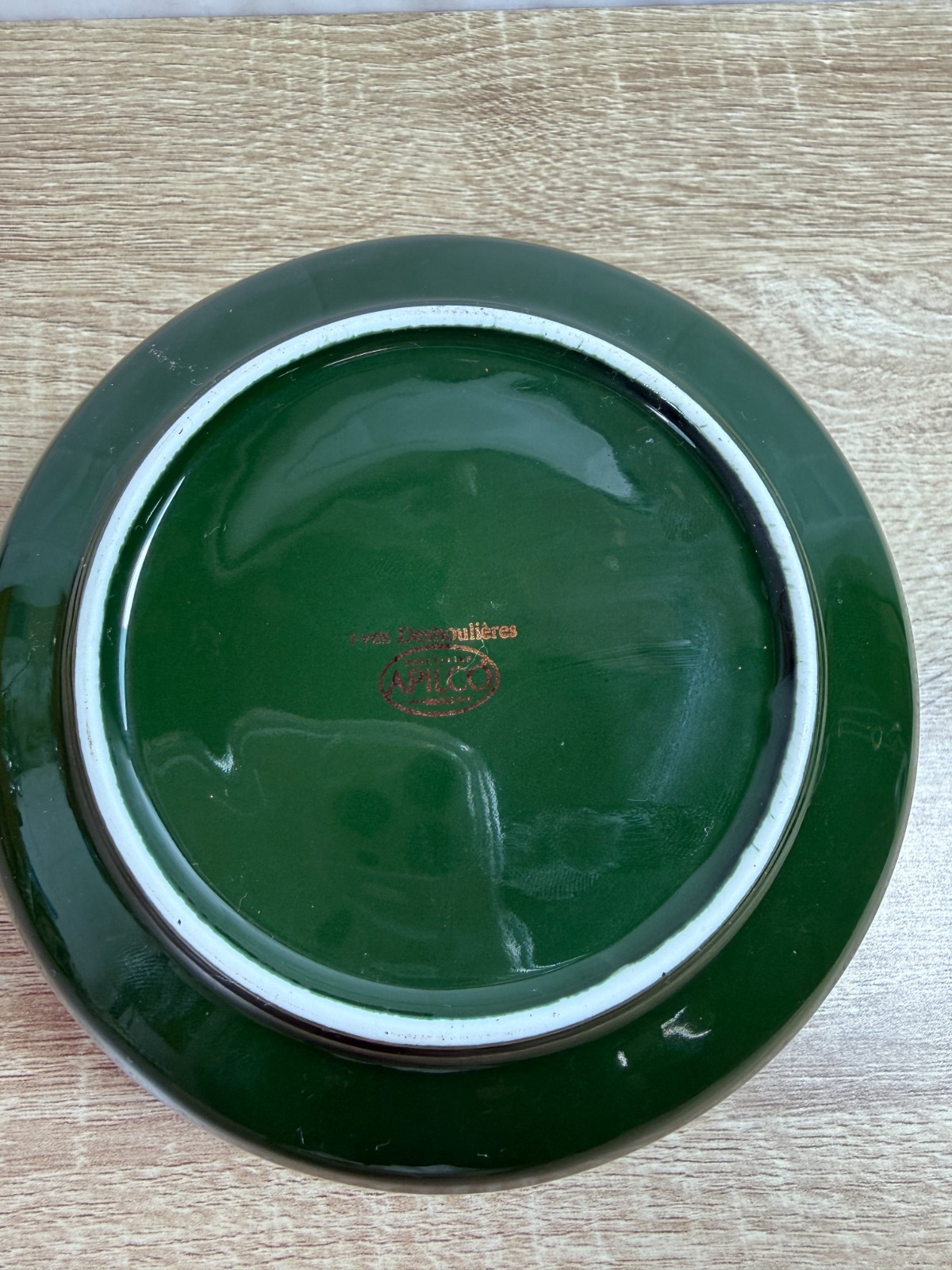 Apilco Yves Deshoulieres French Porcelain Bistro Cup and Saucer Green Gold VGC