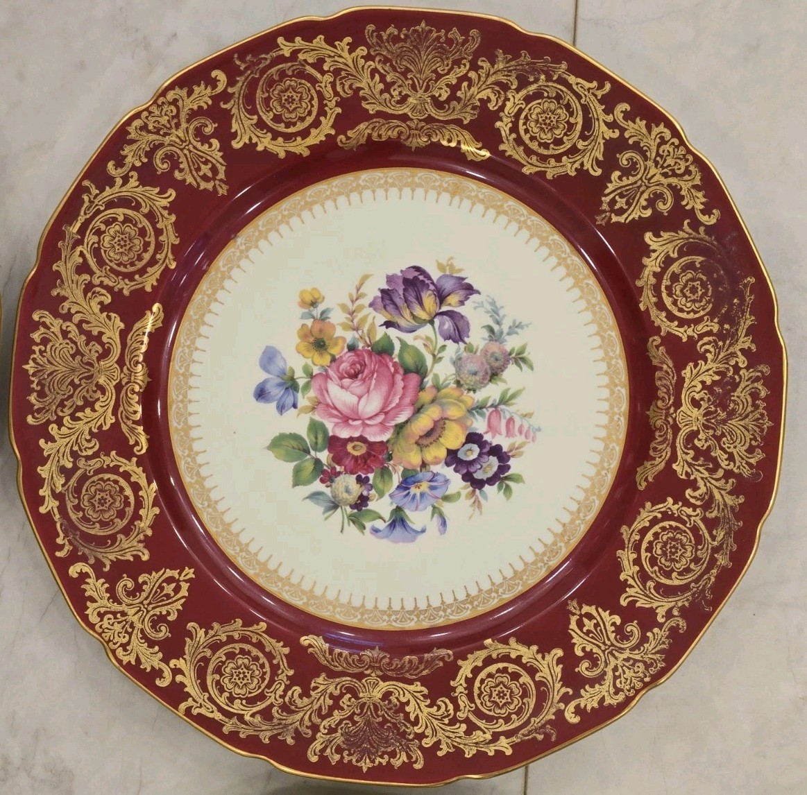 6 Rosenthal Ivory China 10.5″ Plates Maroon Gold Border Floral Center Scalloped