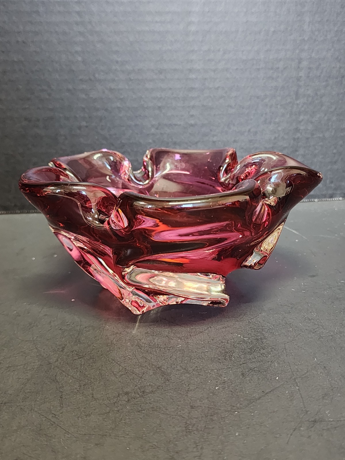 Bohemian Glass Bowl Pinched Side Purple Orange Swirled Bottom