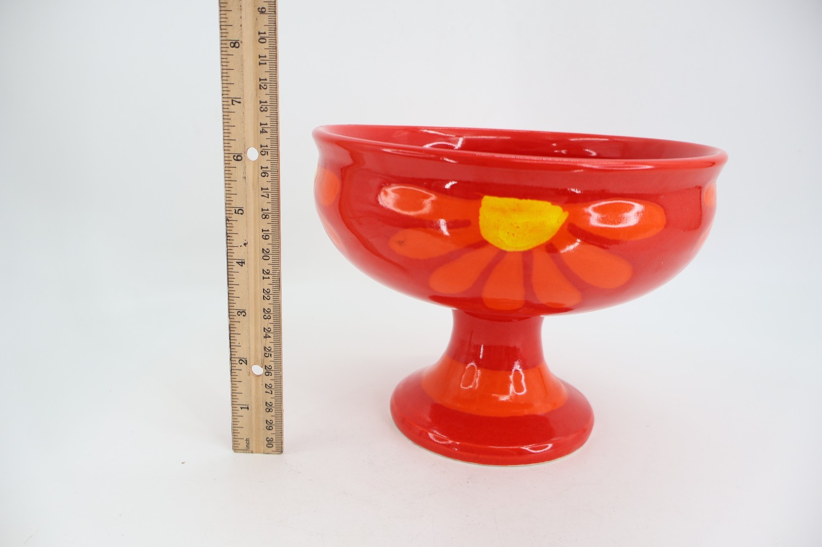 Berkeley House Pottery Pedestal Red Flower Ceramic Bowl Fruit Candy Italy Mod