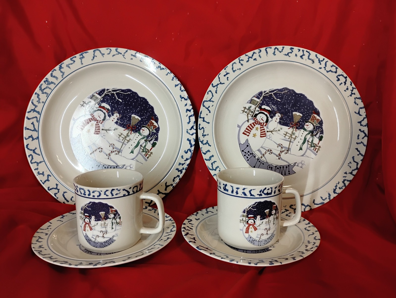 Stoneware Let It Snow 6 Piece Dinner Set Green Sponge Rim