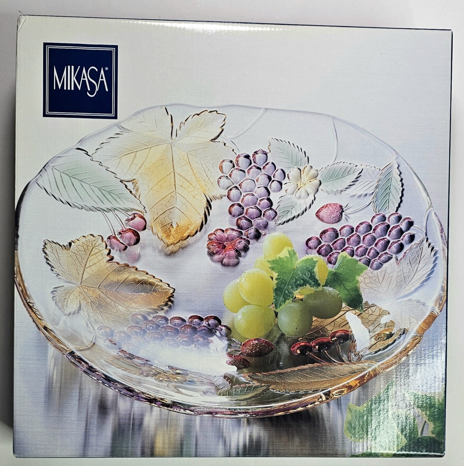 mikasa crystal platter fruit grapes berries and leaves mutli-tinted 12.5″ across