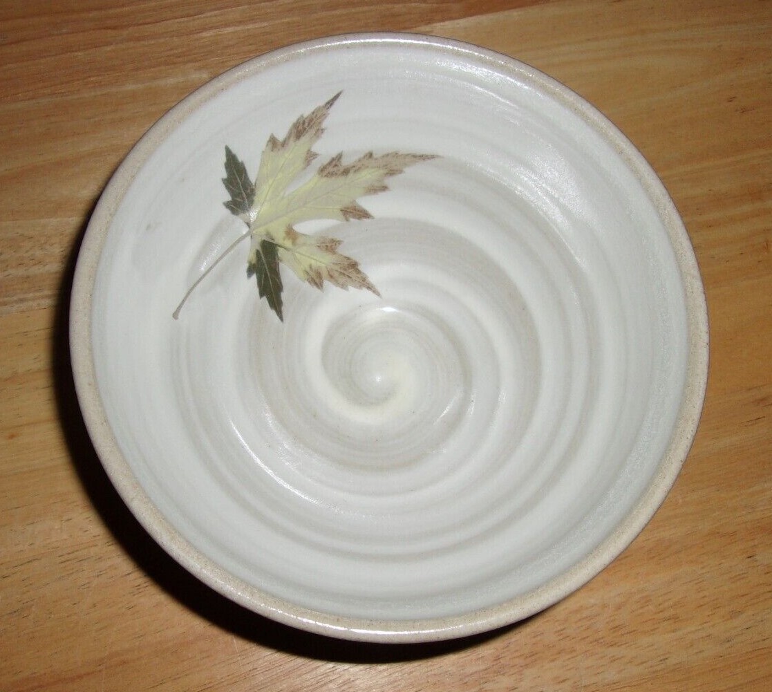 Signed Art Pottery Bowl Blue Gray Drip Glaze Tan Swirl & Leaf Inside