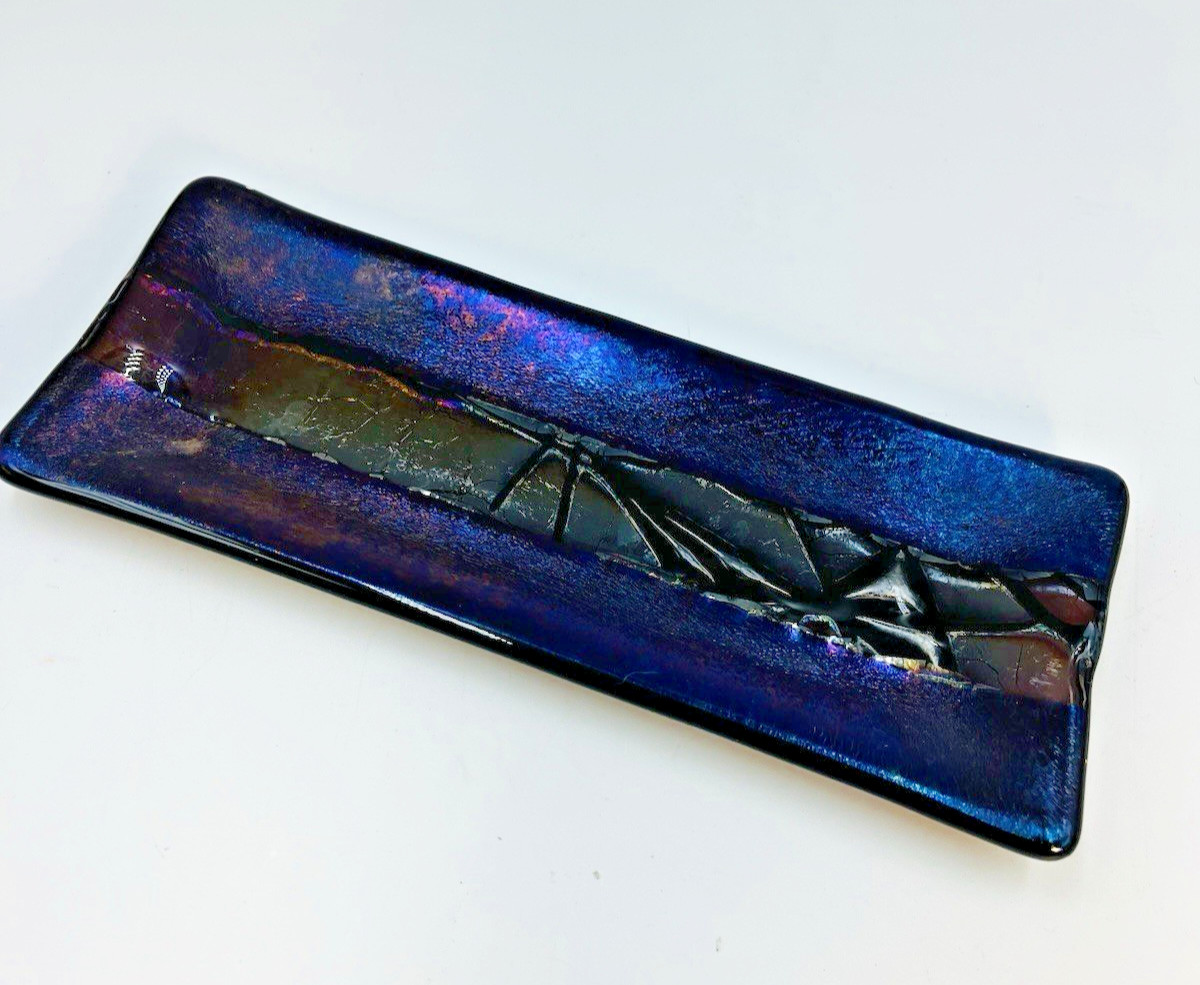 Kurt McVay Art Glass Fused Iridescent Tray / Trinket Dish Signed KM 7.9” x 3.25″