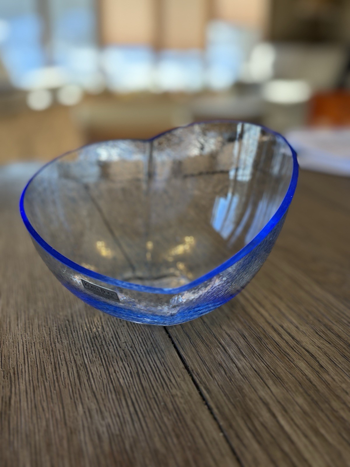 Kosta Boda Blue Heart Glass Bowl Asymmetrical Signed K Engman 6 1/4″ x 4″