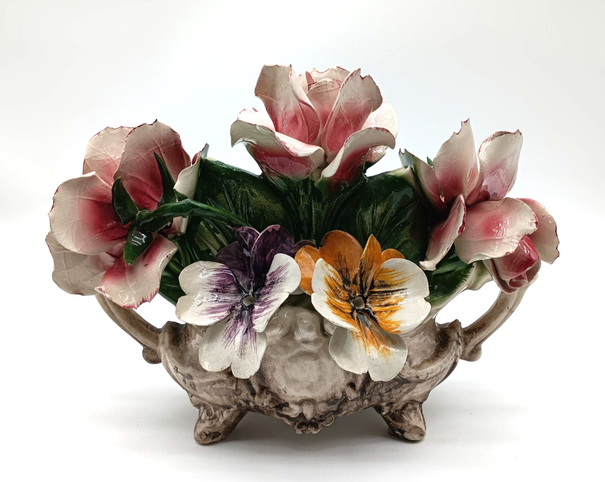 Vtg Capodimonte Centerpiece Floral Ceramic Flowers Basket Art Italy Glazed