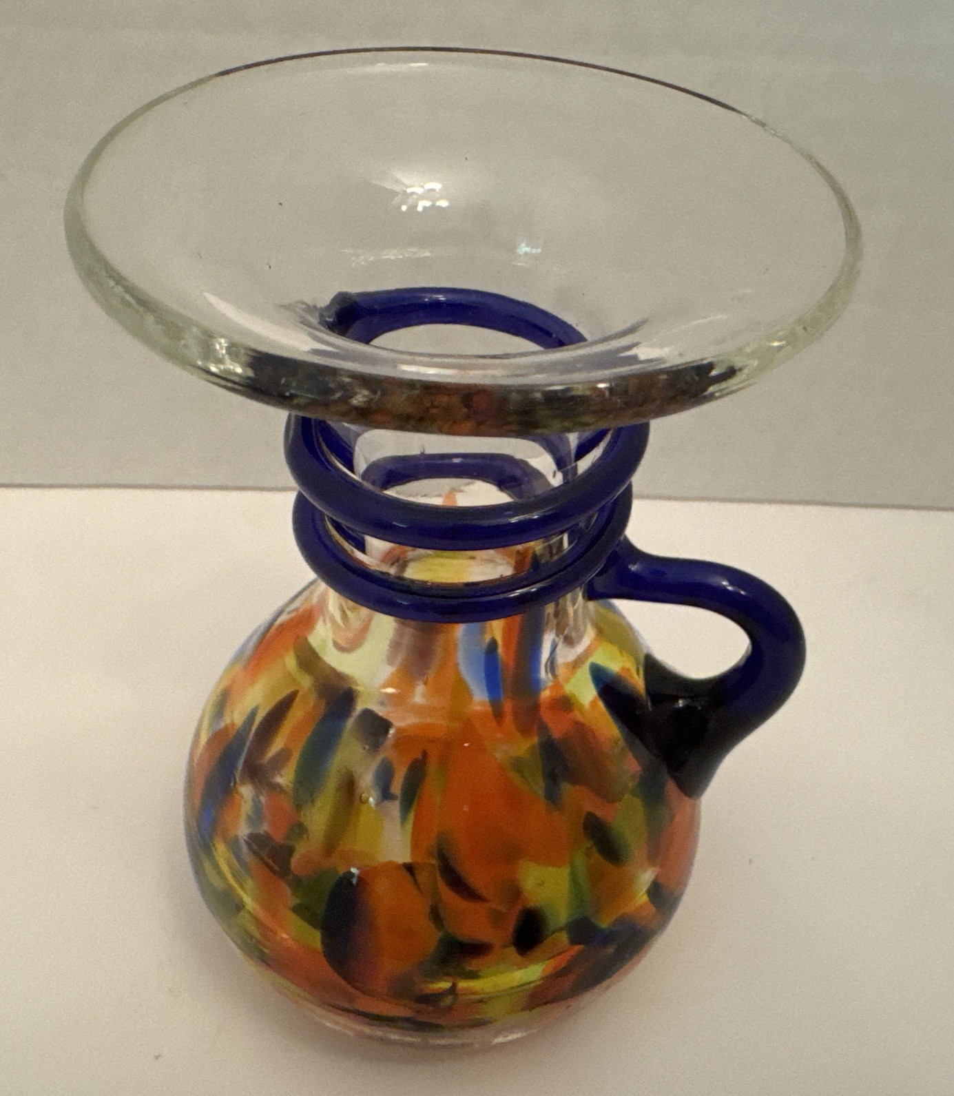4.75” Hand Blown Pitcher Spatter Yellow Orange Glass Applied Cobalt Blue Handle
