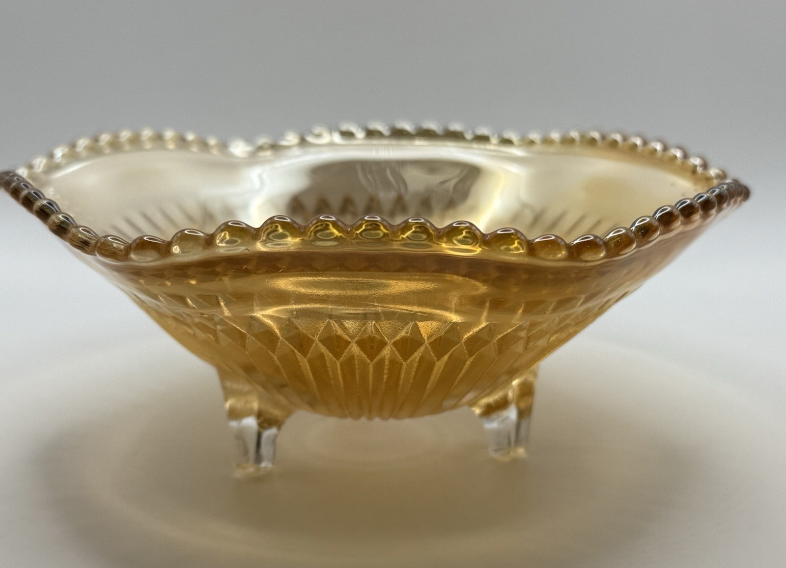 Vintage Carnival Glass Jeanette Glass 3 Footed Marigold ‘Anniversary’ Bowl 6.5”