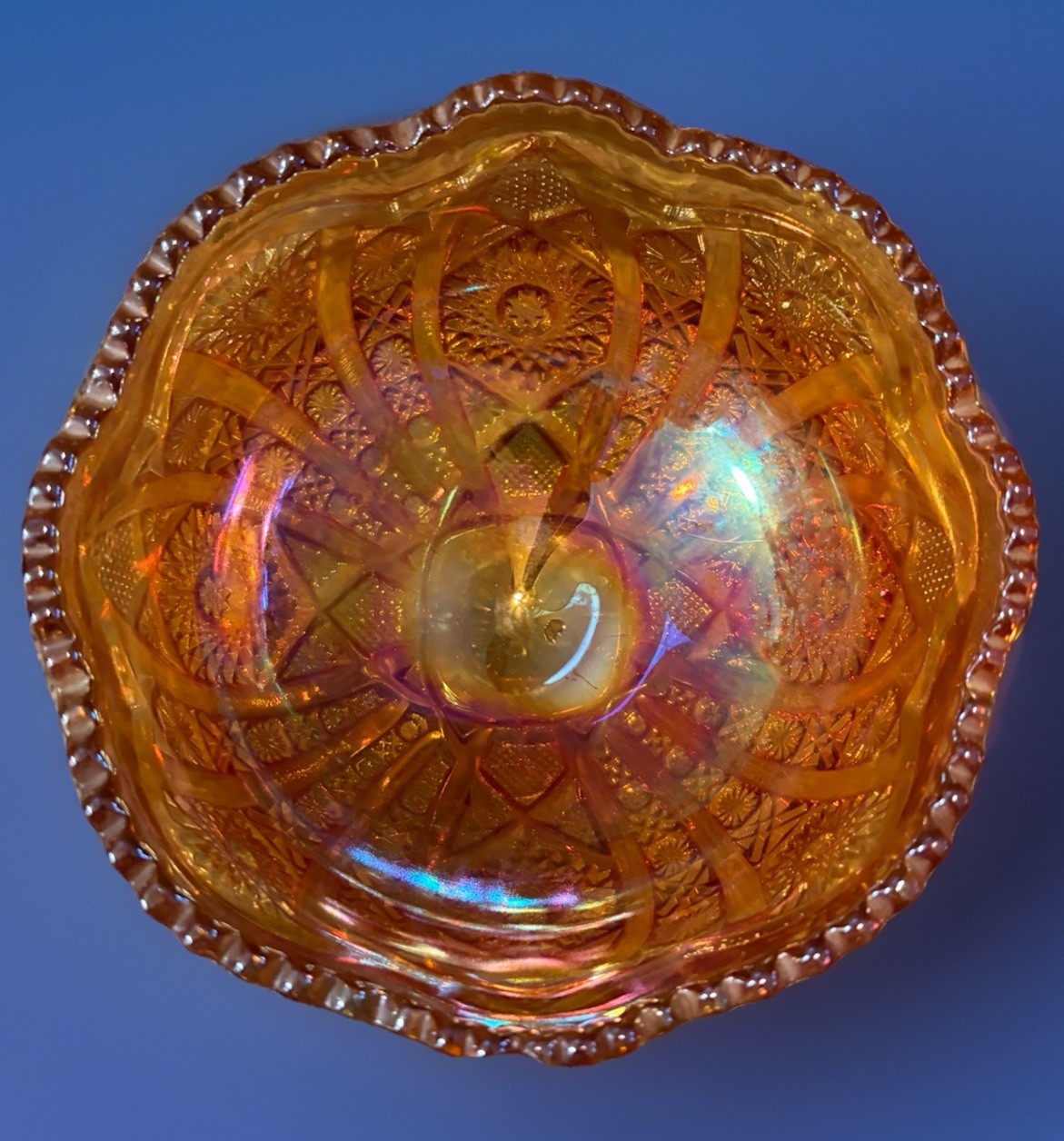 Vintage Marigold Carnival Glass Pedestal Compote Bowl Scalloped Rim