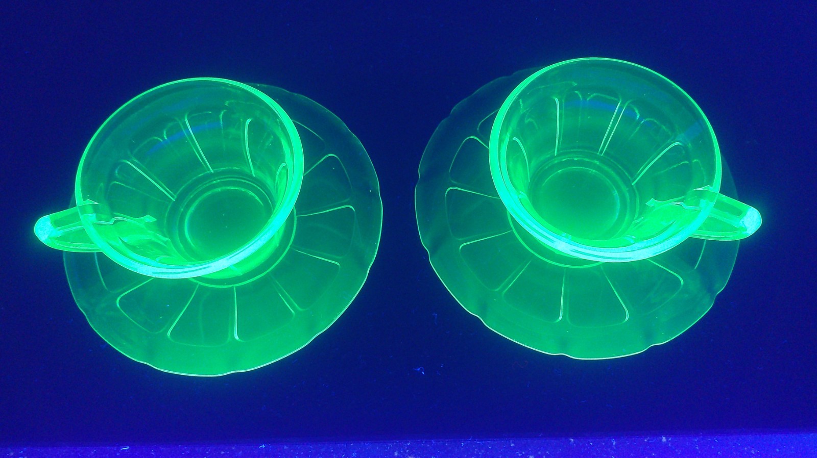 Uranium, Diamond Glass Co, Victory, Green, Cup & Saucer Sets, (2), c 1929, ExCd