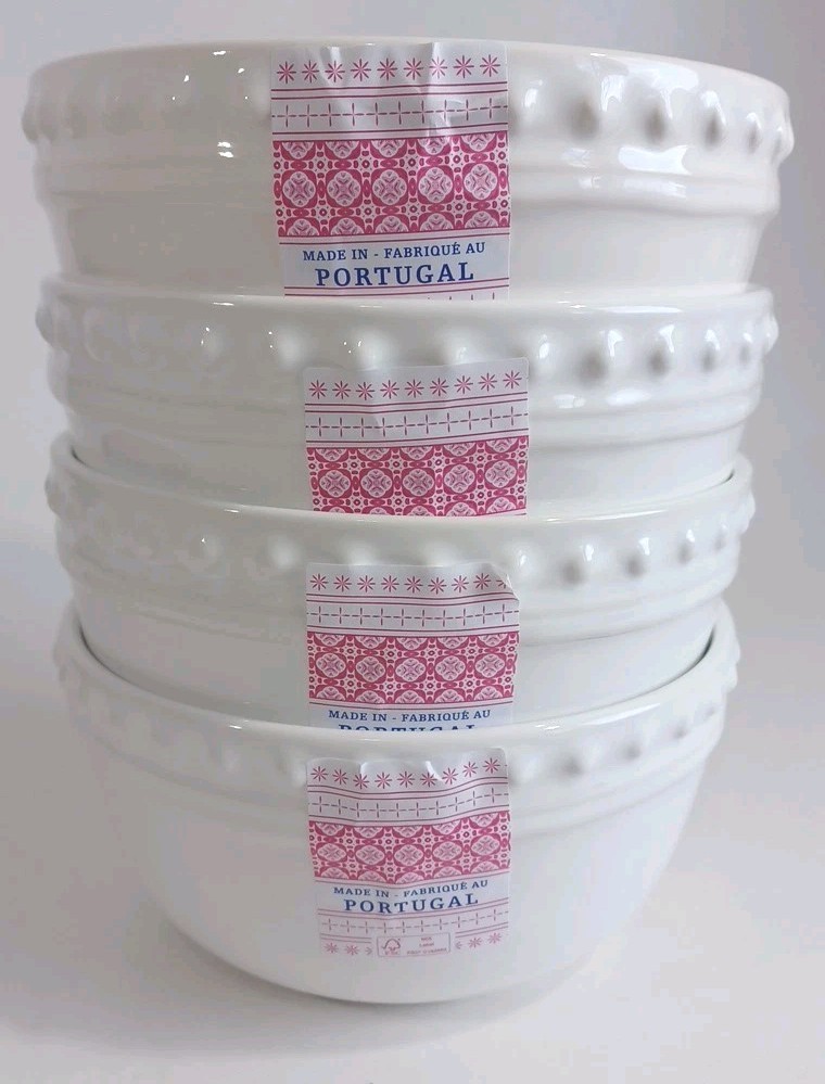Delmar Fapor Made In Portugal 4 – 6.25″ Soup Bowls White, Rustic Dots , New