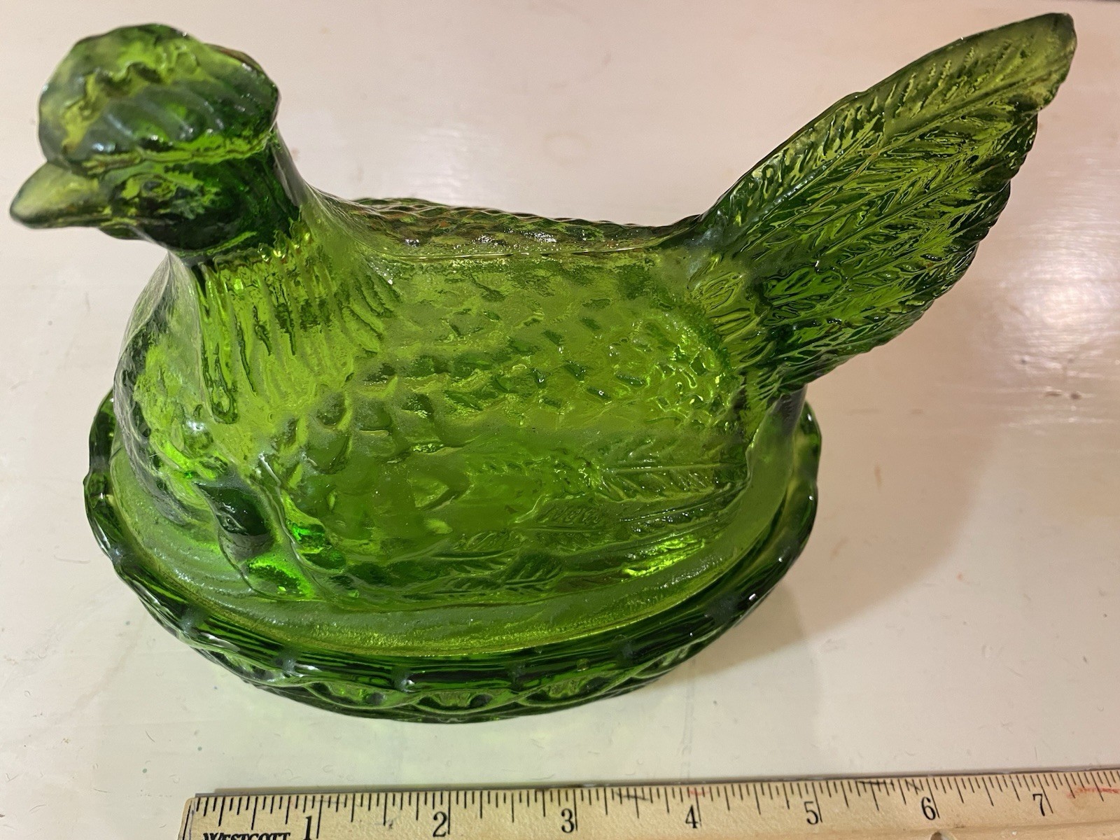 VTG L. E. Smith Emerald Green Hen On Nest Glass Chicken Dish w/Chicks Rustic