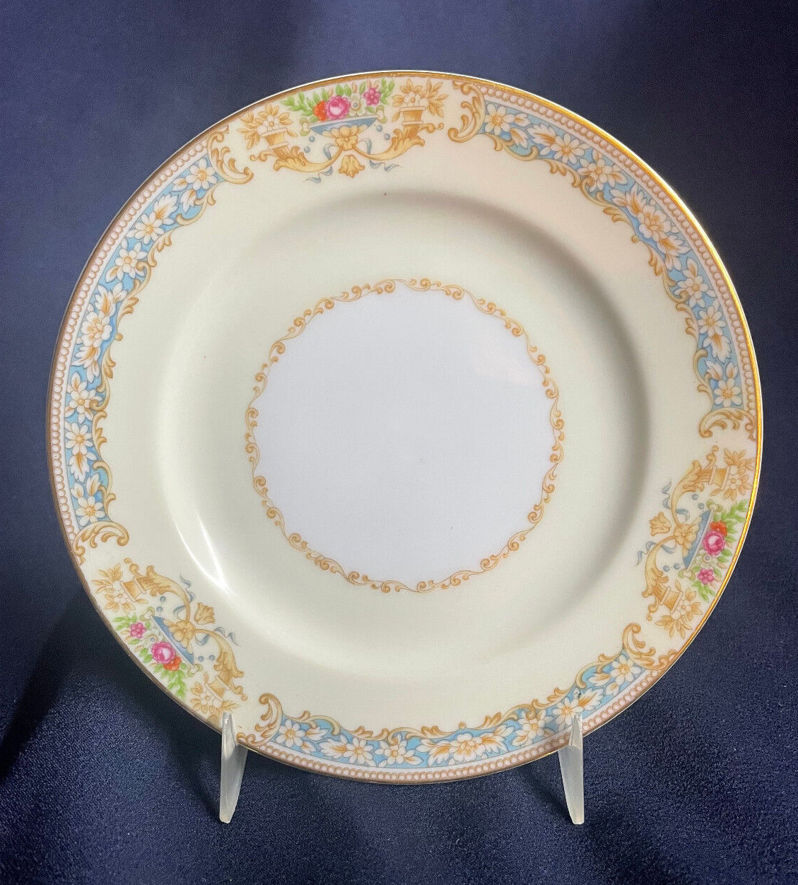 ROSE CHINA JAPAN “RO2″ 6 1/2” BREAD PLATES – BLUE TAN FLORAL BORDER URN BASKETS