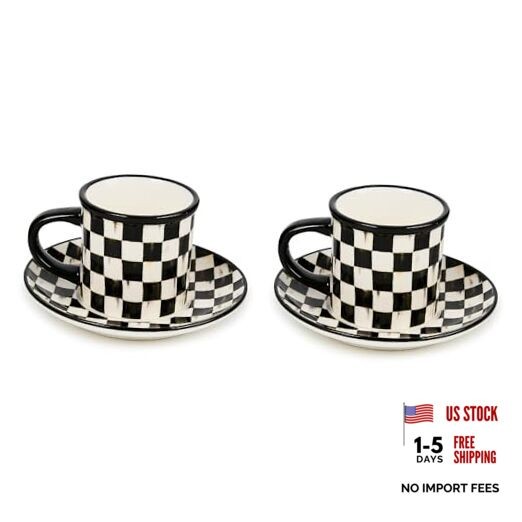 MACKENZIE-CHILDS Set of 2 Stoneware Espresso Cup and Saucer, Cute Courtly Check
