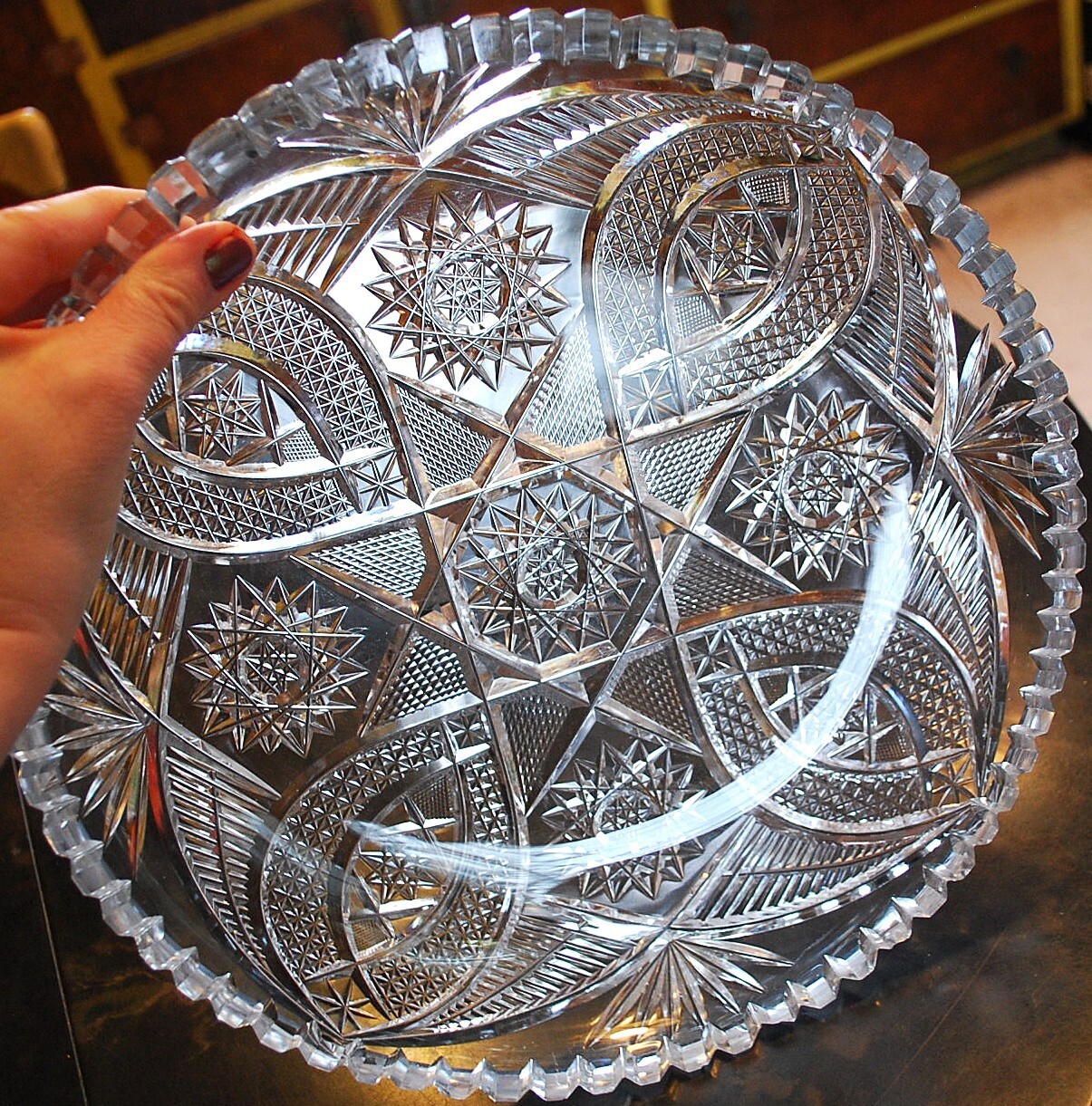 Antique ABP American Brilliant Period HOBSTAR CANE Hand Cut CRYSTAL BOWL 11.75″