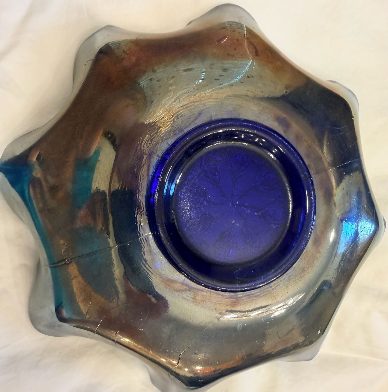 Vintage Fenton Cobalt Blue Carnival Glass Holly and Berry Ruffled Bowl