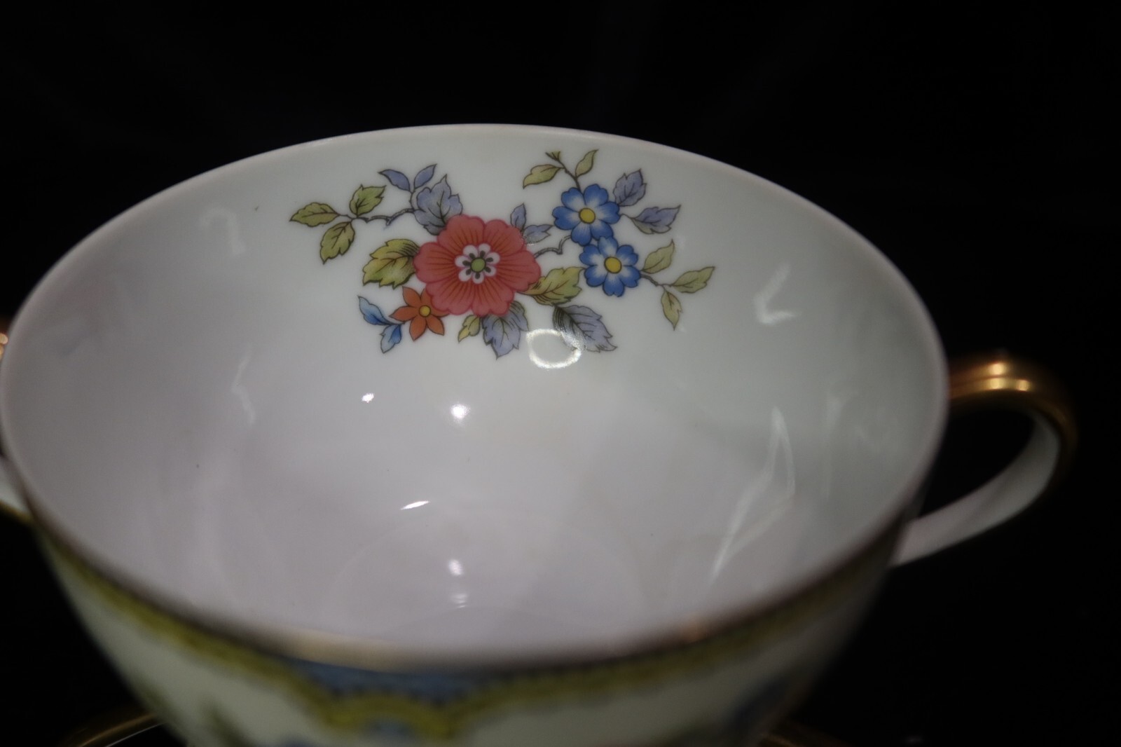 Noritake Mayflower 6 Cream Soup Bowls Rust & Blue Flowers Gold Trim 3 5/8″ Wide