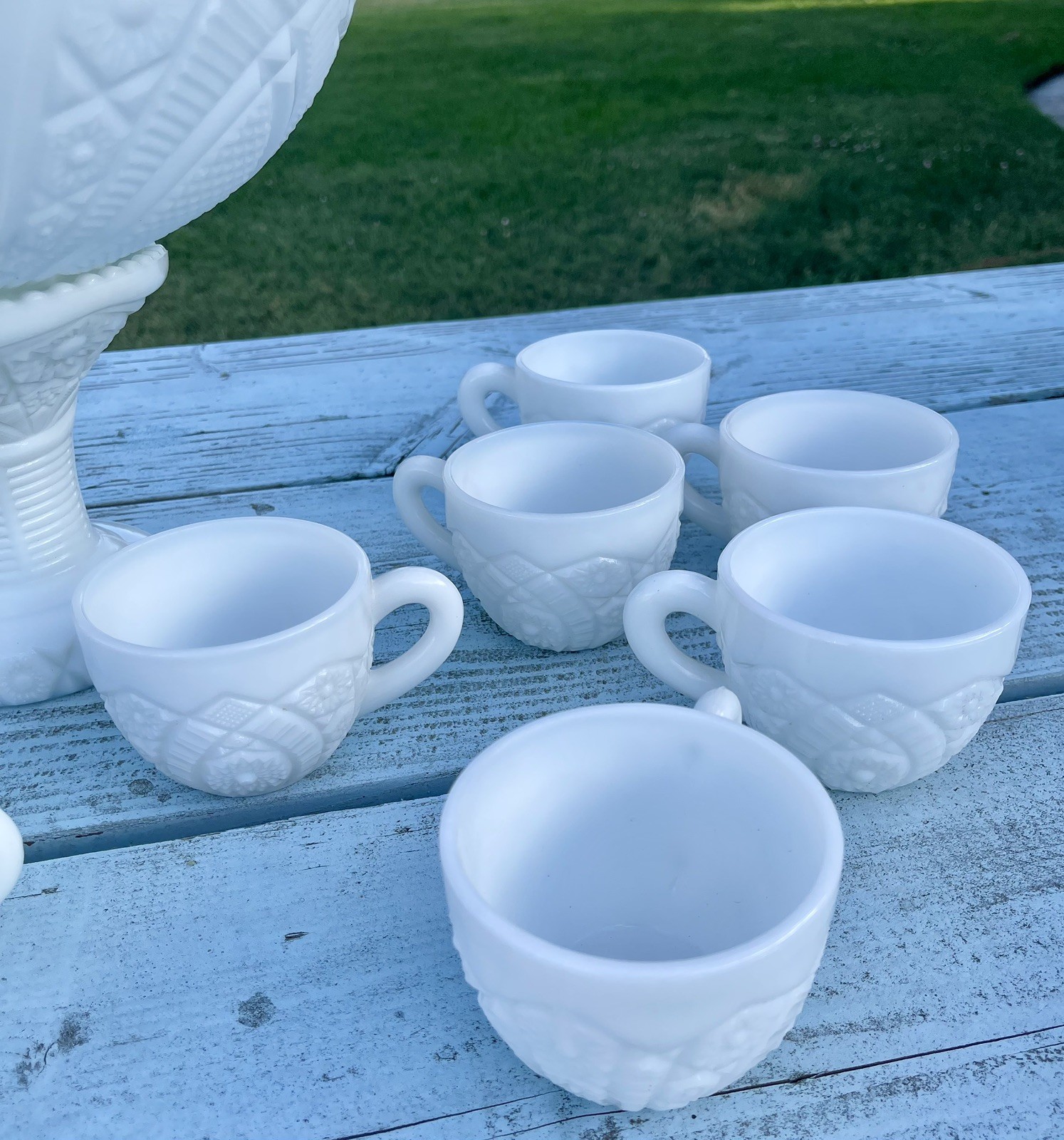 Milk Glass Pedestal Punch Bowl Set with 12 Cups Vintage McKee Concord