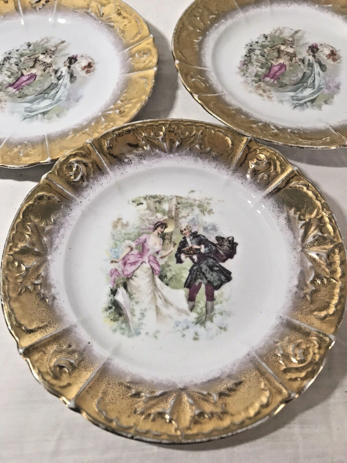3 Antique Gold Trim Victorian Romantic Bread Plates 6.5 Inches