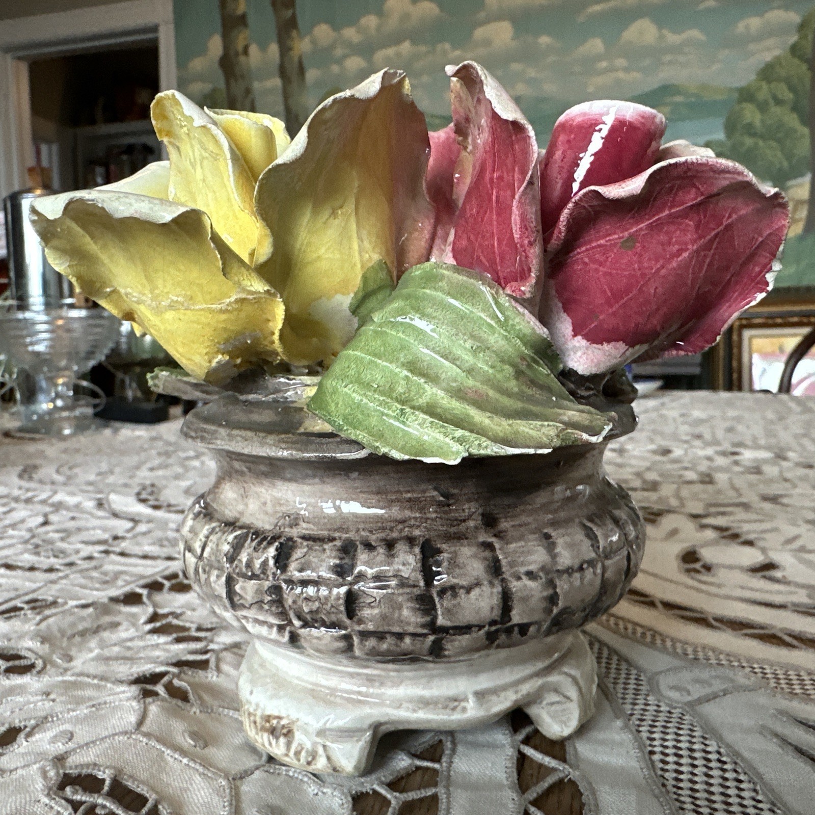 Vintage 1950’s Italian Capodimonte 3 Rose Floral Bouquet Footed Centerpiece