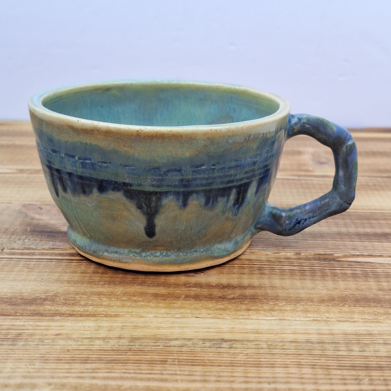 Vintage Hand Made Pottery Mug Signed Green Blue Neat Handle Signed