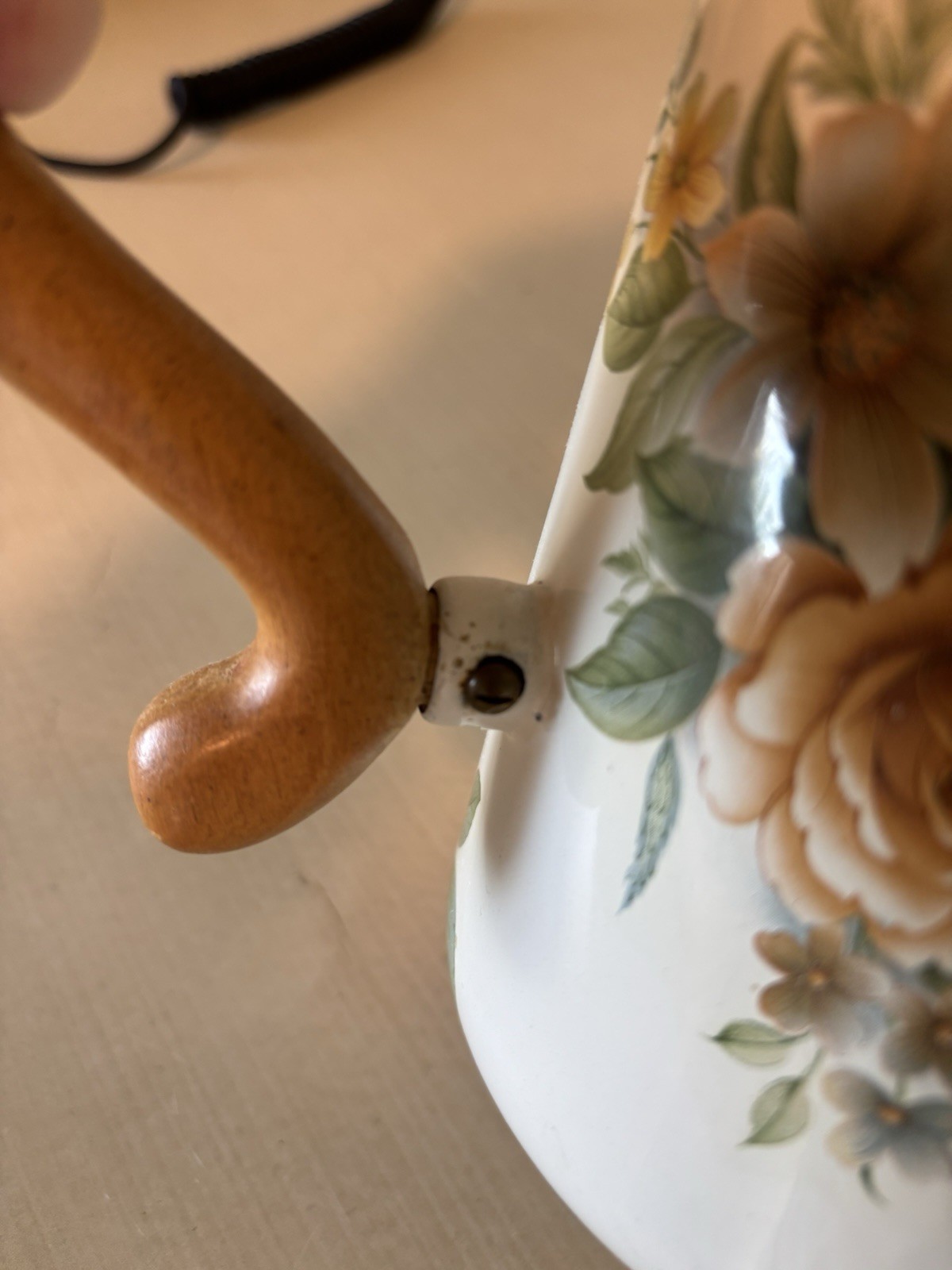 MacKenzie Childs VTG Camp Beige Floral Teapot Enamel Wood Handle