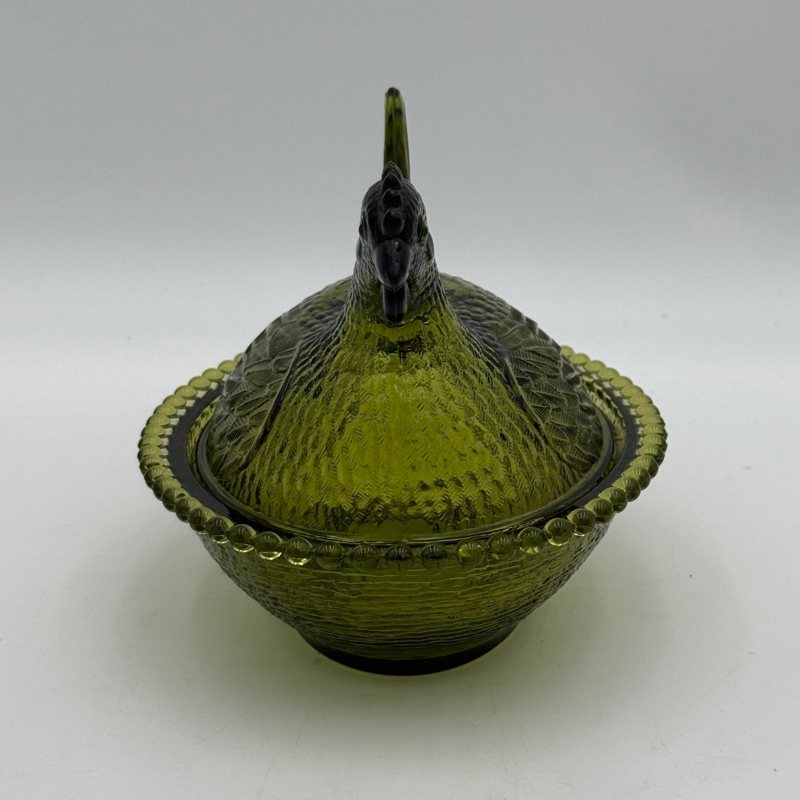 Vintage Olive Green Glass Hen on Nest Covered Candy Dish Farmhouse Decor 5.5in