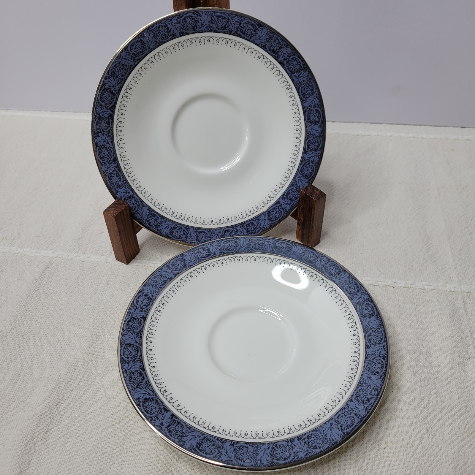 Royal Doulton Sherbrooke Saucers Bone China Set of 2 6″ White Blue Platinum