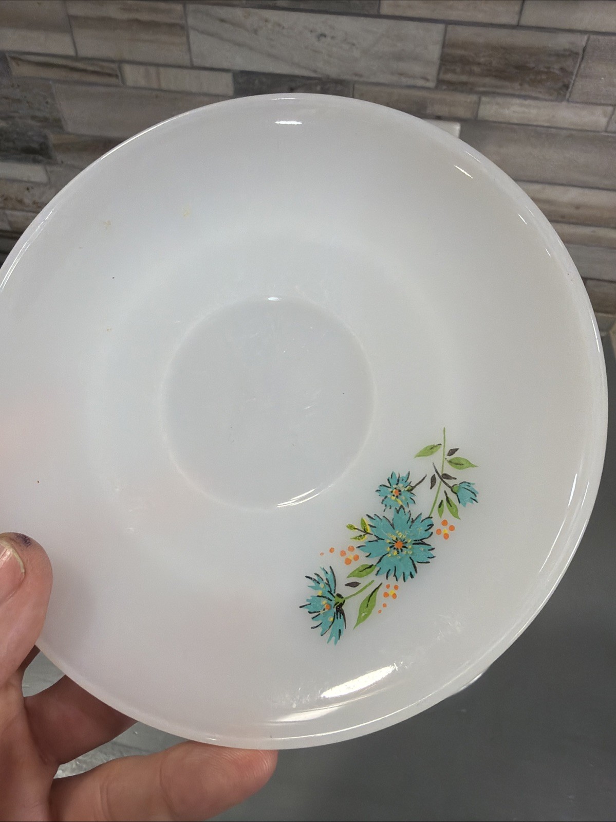 Fire King Milk Glass Saucer White Plate Blue Orange Flowers USA 6″ Lot of 3