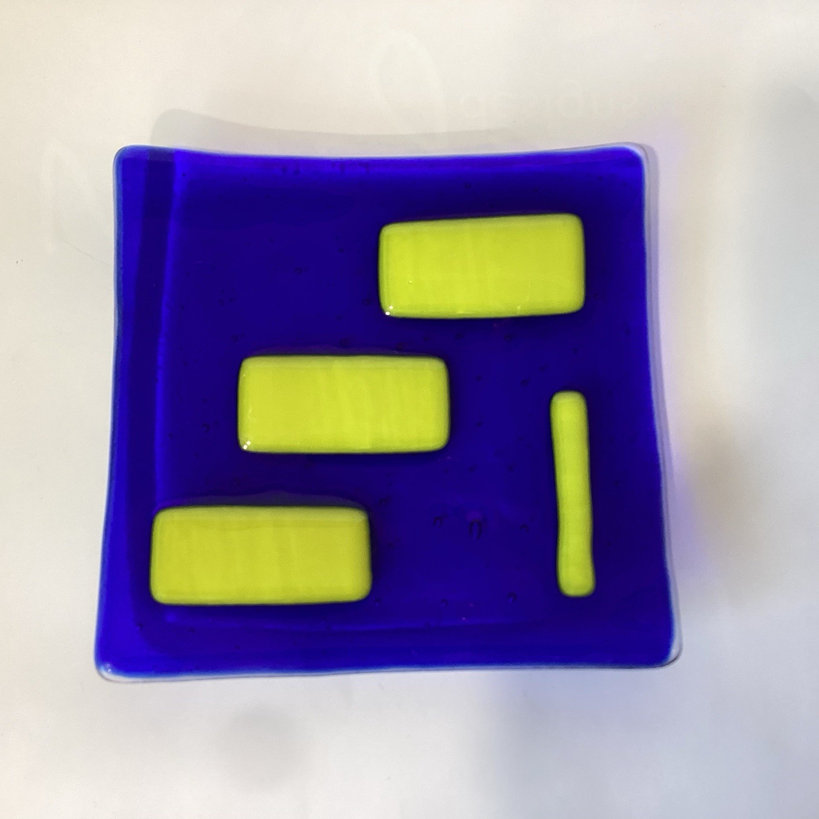 Blue Yellow Fused Art Glass Shallow Dish 4.25”x4.25” Square Curved Trinket Dish