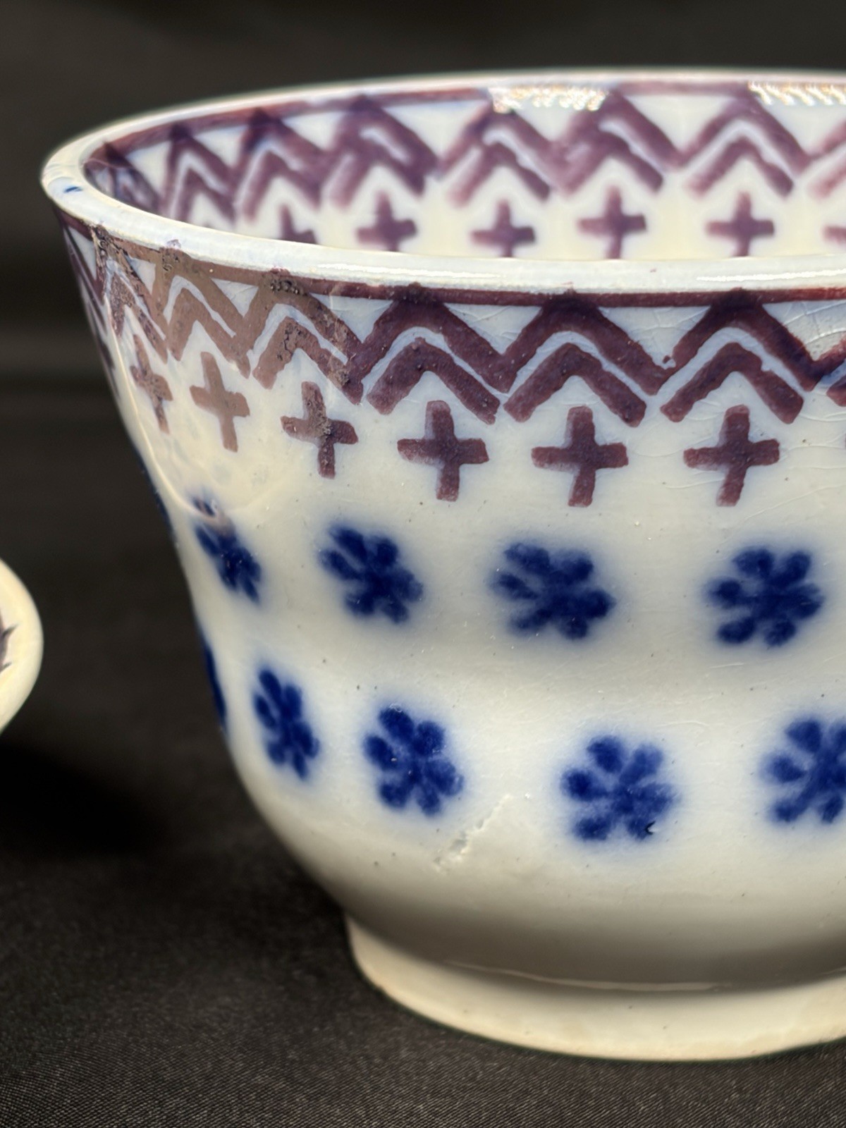 Antique Staffordshire Flow Blue Amish Snowflake Handleless Cup Saucer c1840