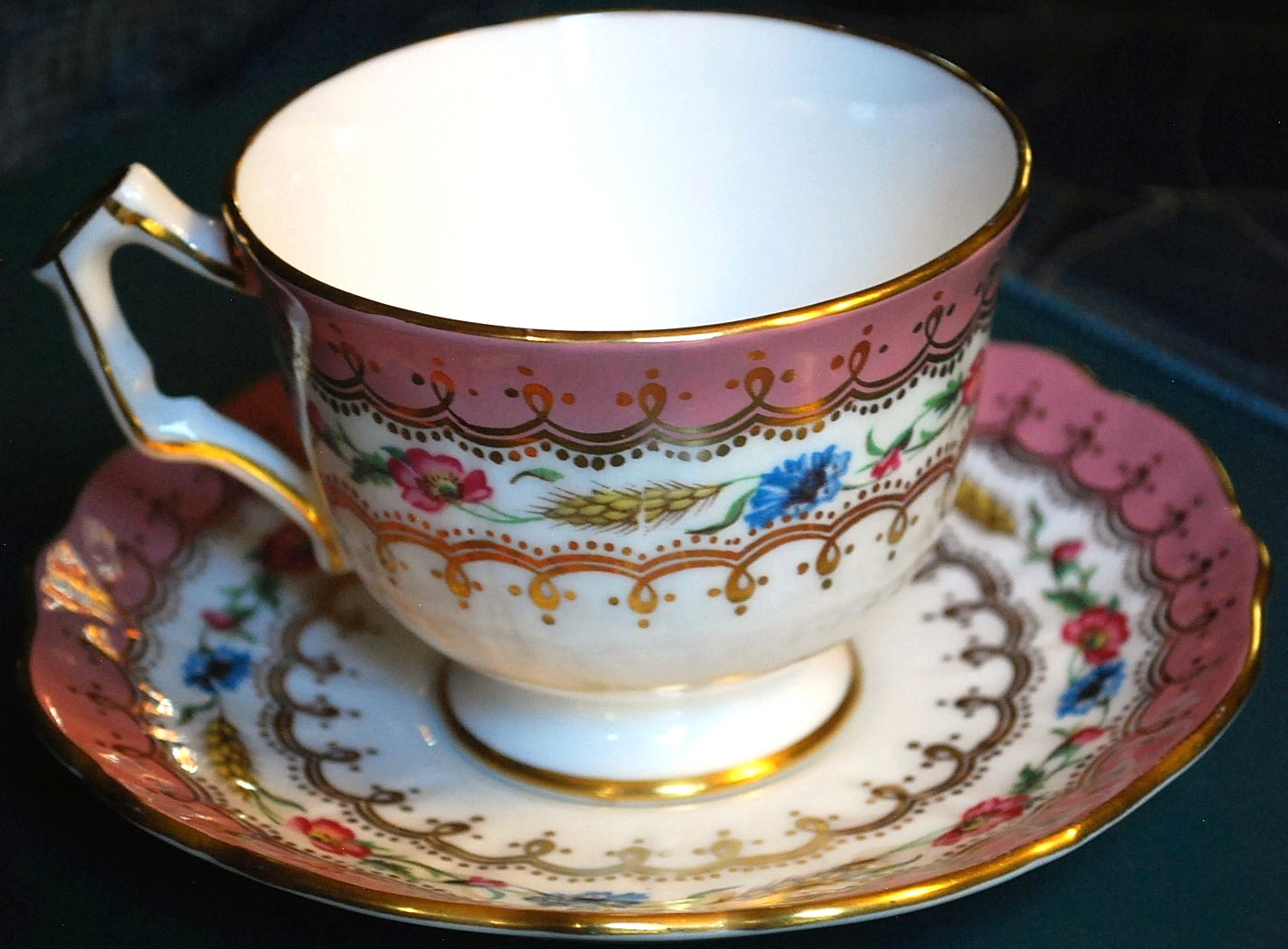 Vtg AYNSLEY ENGLAND Footed Teacup & Saucer HARVEST WHEAT/PINK FLORAL Bone China