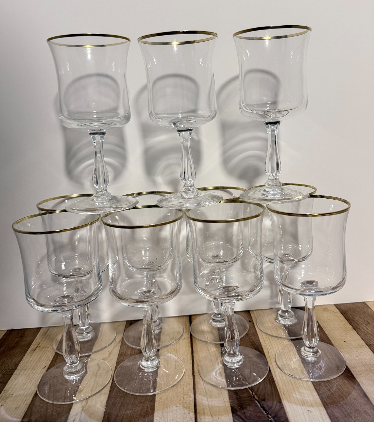 Set of 11 Crystal Wine Glasses w/Gold Trim by Noritak ” Admiration Design ” 1970