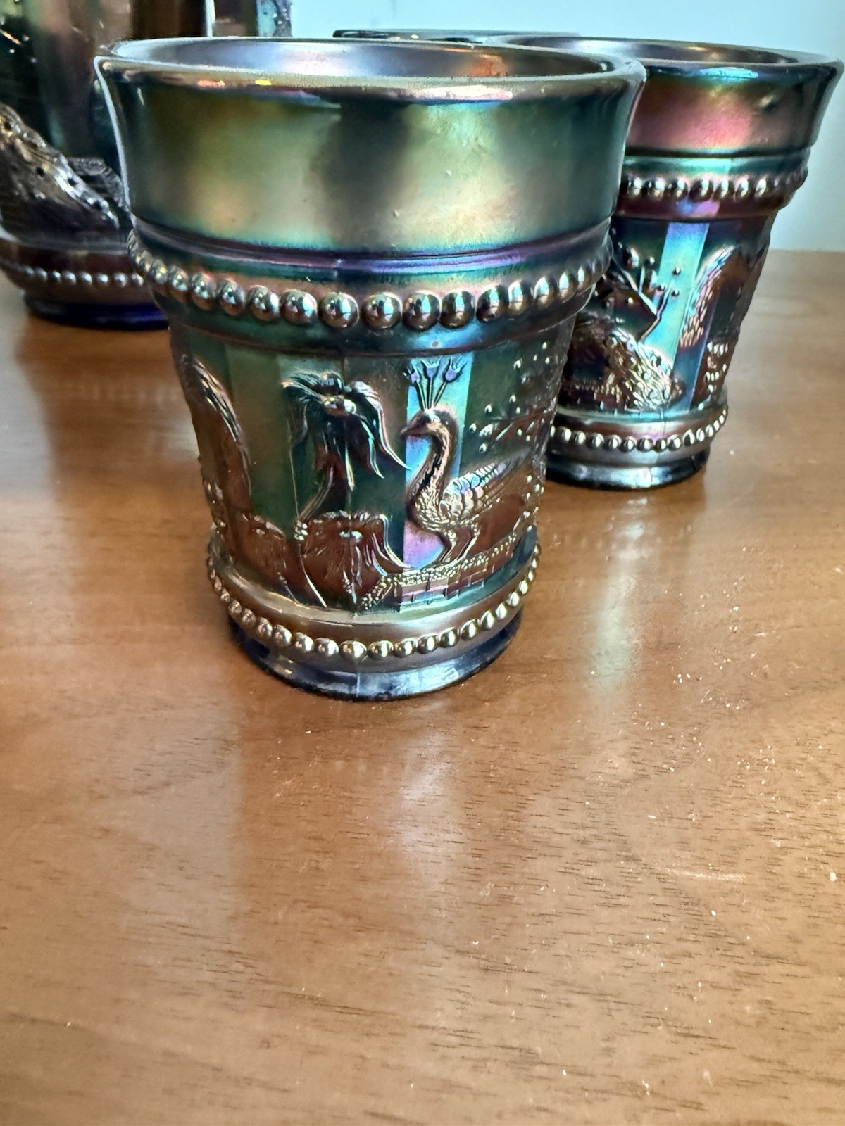 Antique Northwood Carnival Glass Peacock At The Fountain Pitcher & Tumblers Set