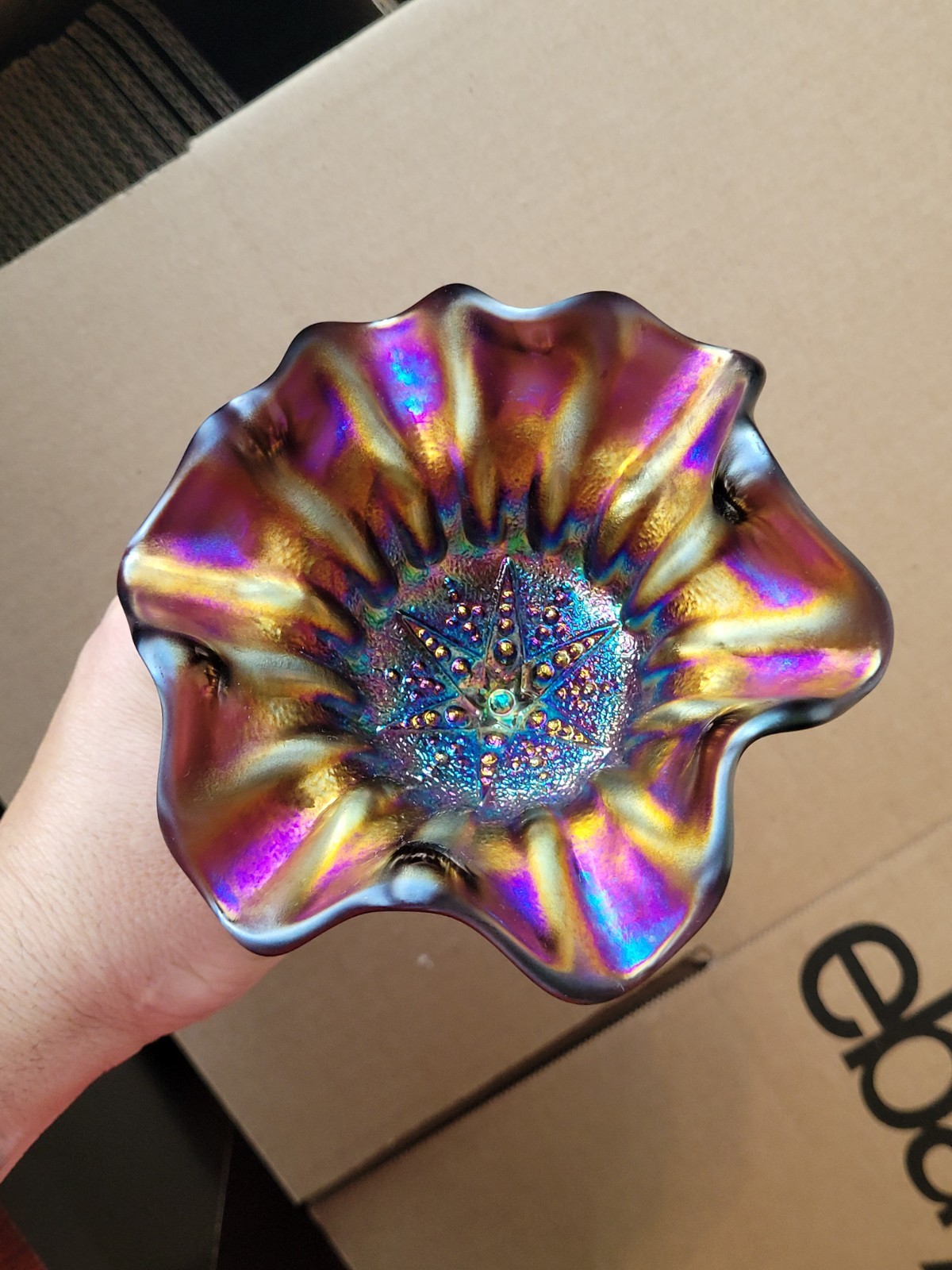 Super Purple Dugan Carnival Glass Constellation Compote S-Repeat Exterior