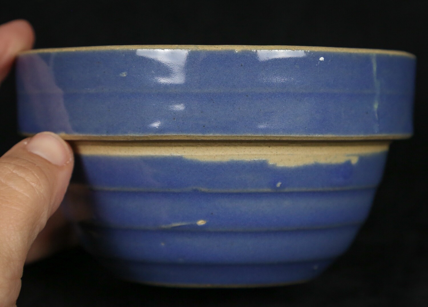 Vintage Yellow Ware Cobalt Blue Nesting Bowl w/ Beehive Sides 5” Wide USA