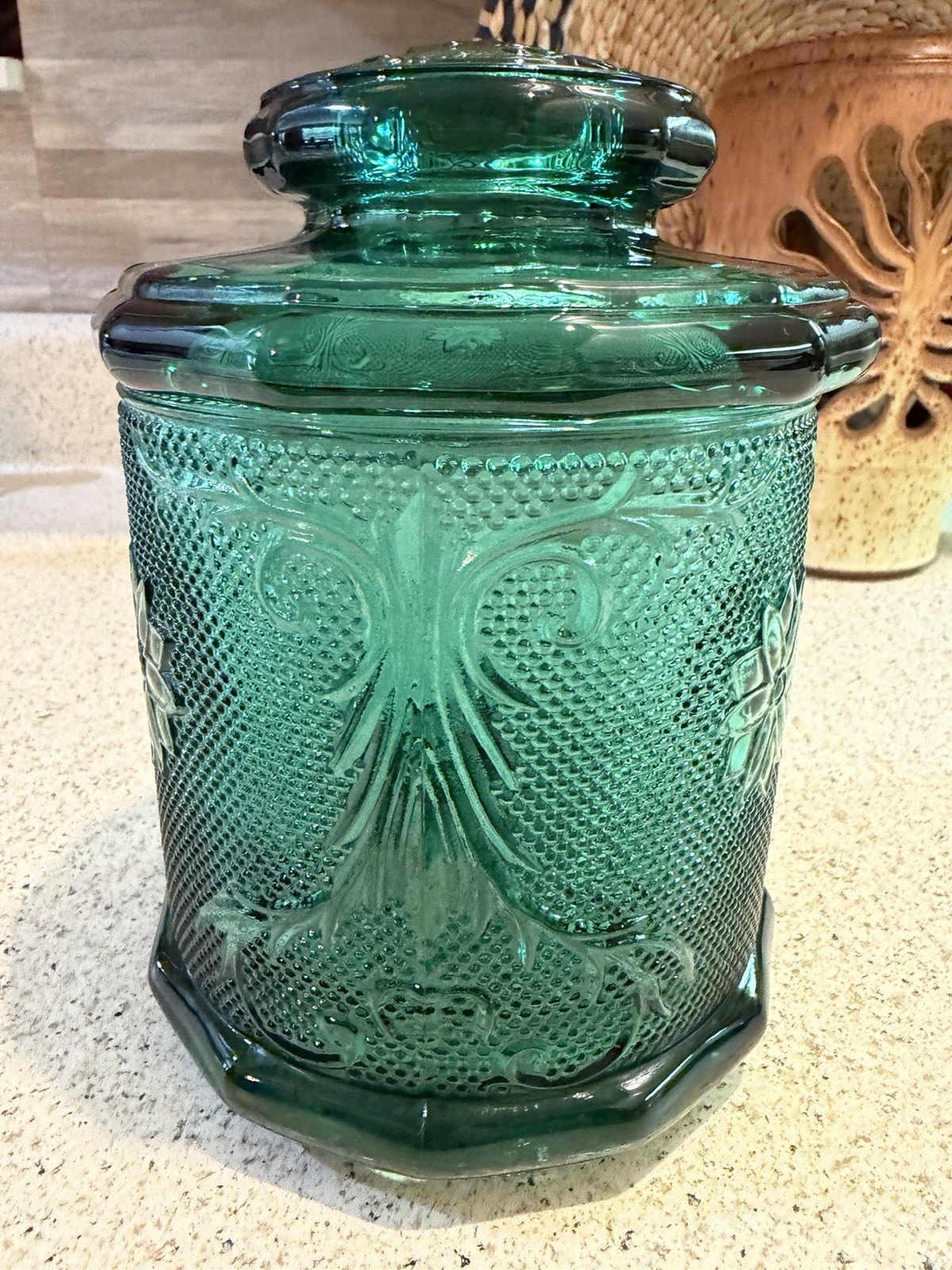 Vintage Sandwich Pattern By Tiara Spruce Green 7 1/4” Medium Canister