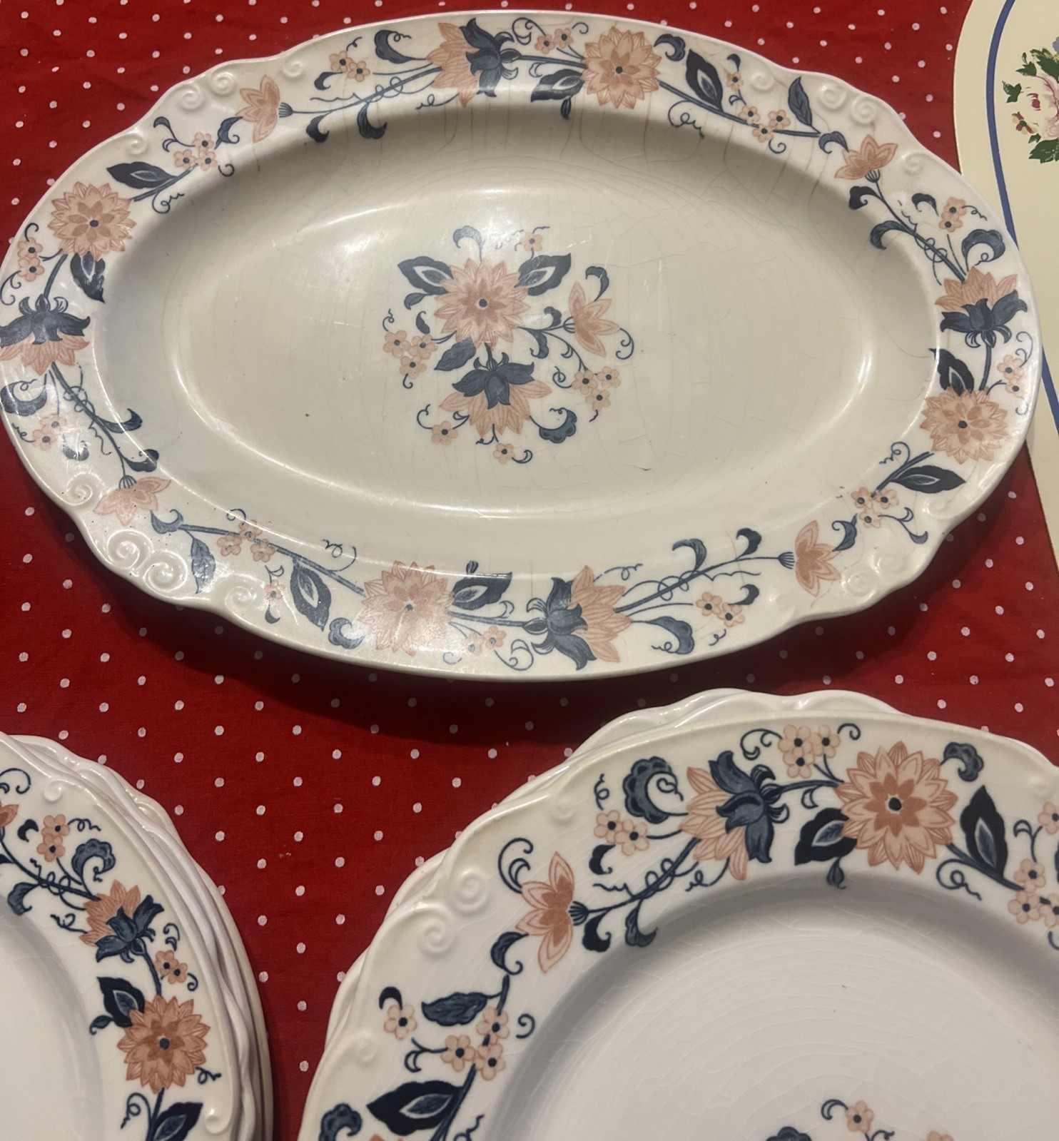 Vintage Nikko Japan Ironstone “Blue vineyard” Peach And Navy Floral Dinner 15 Pc