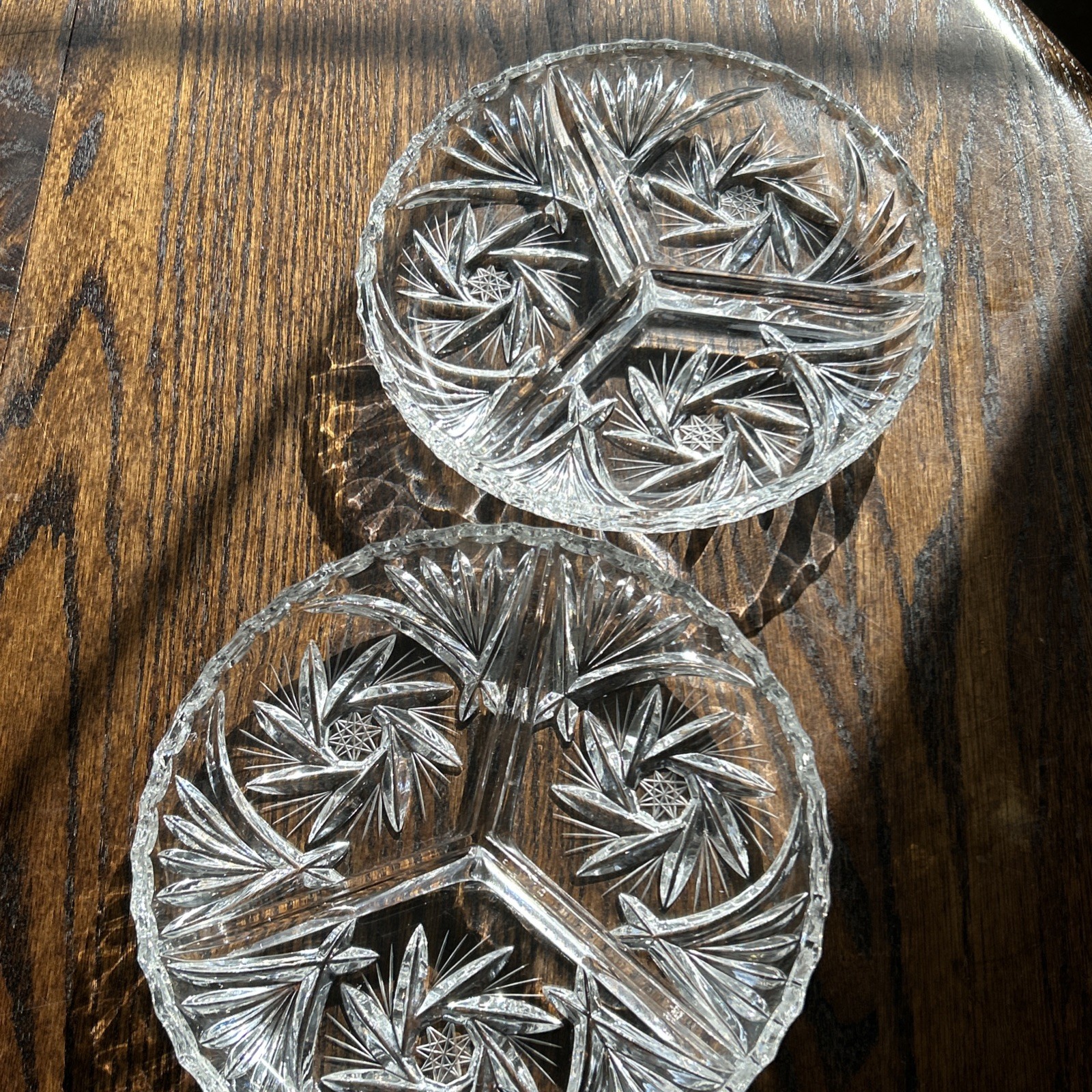 Vintage Pinwheel Lead Crystal 3 Compartment 8″ Round Relish Tray X2