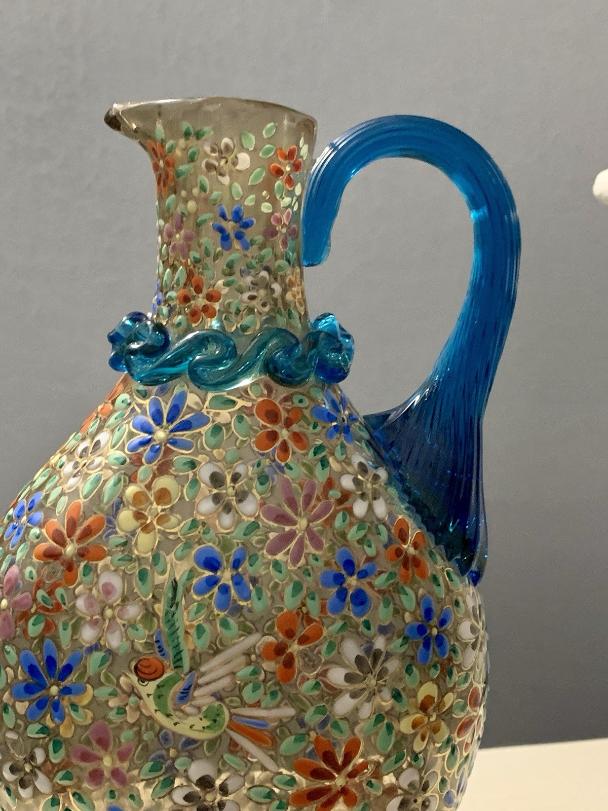 Vintage Rare Moser Hand Painted Multicolor Floral Art Glass Pitcher with Handle
