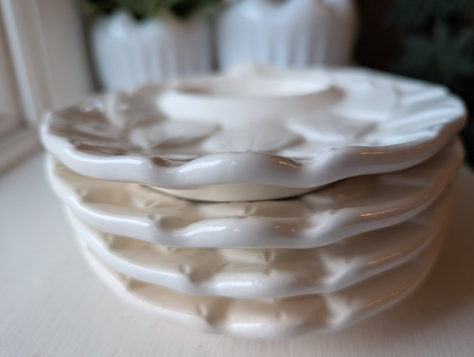 Set of 4 White Artichoke Shaped Appetizer Divided Plate Dish Vintage Japan