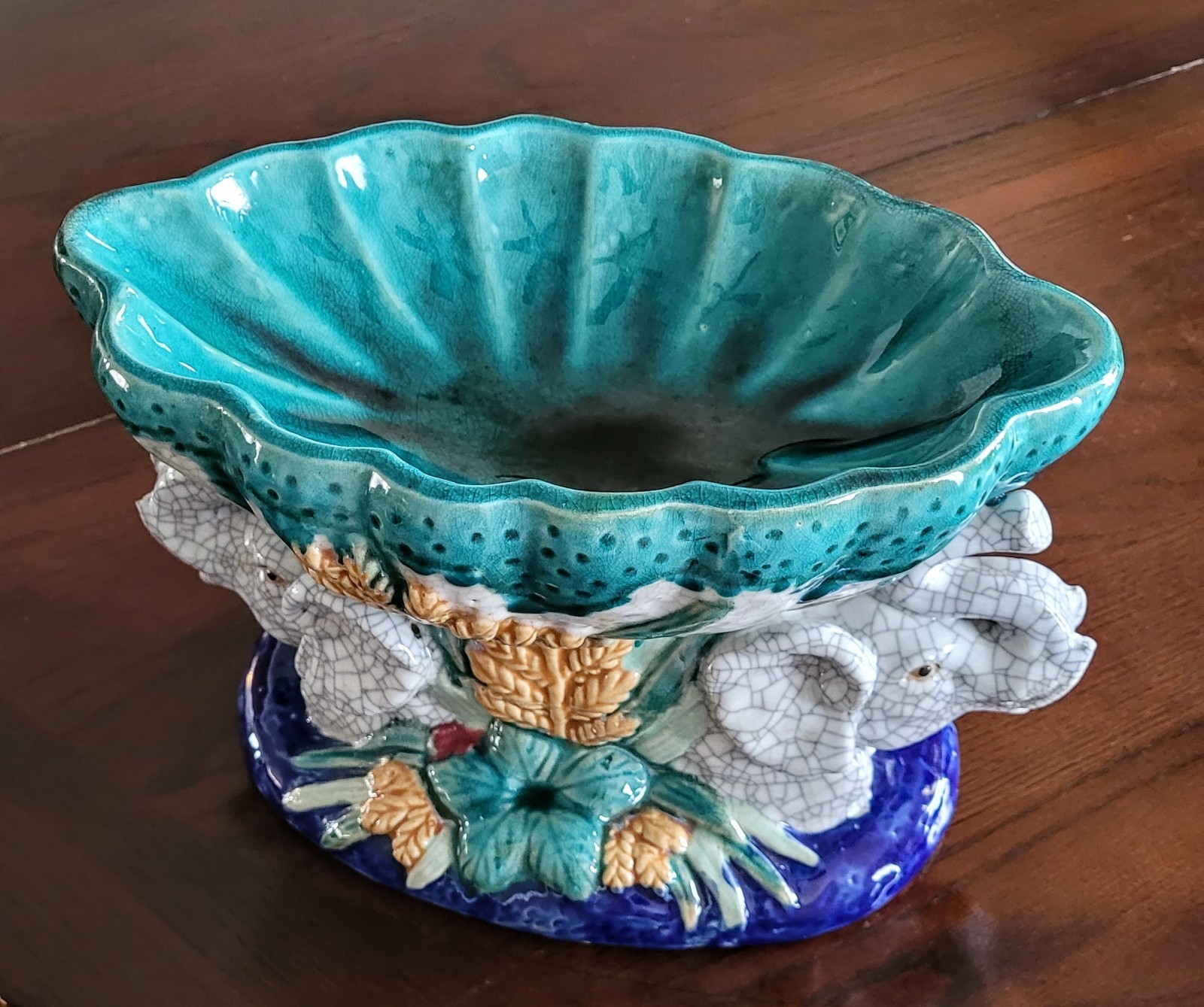 Vintage Italian Majolica Elephant Compote Centerpiece Bowl —Crackle Glaze Finish