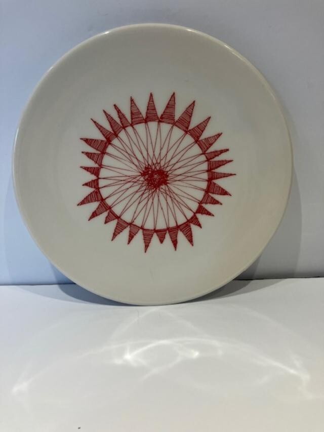 CRATE & BARREL Red Ornament Dessert Plate 7.25” Made in Great Britain