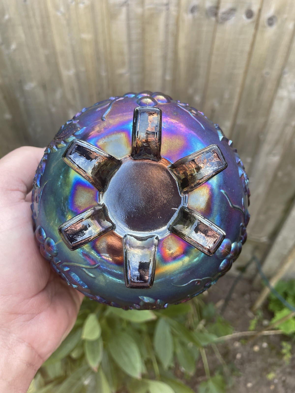 CARNIVAL GLASS ~ ELECTRIC DUGAN GRAPE DELIGHT FLARED NUT BOWL ~