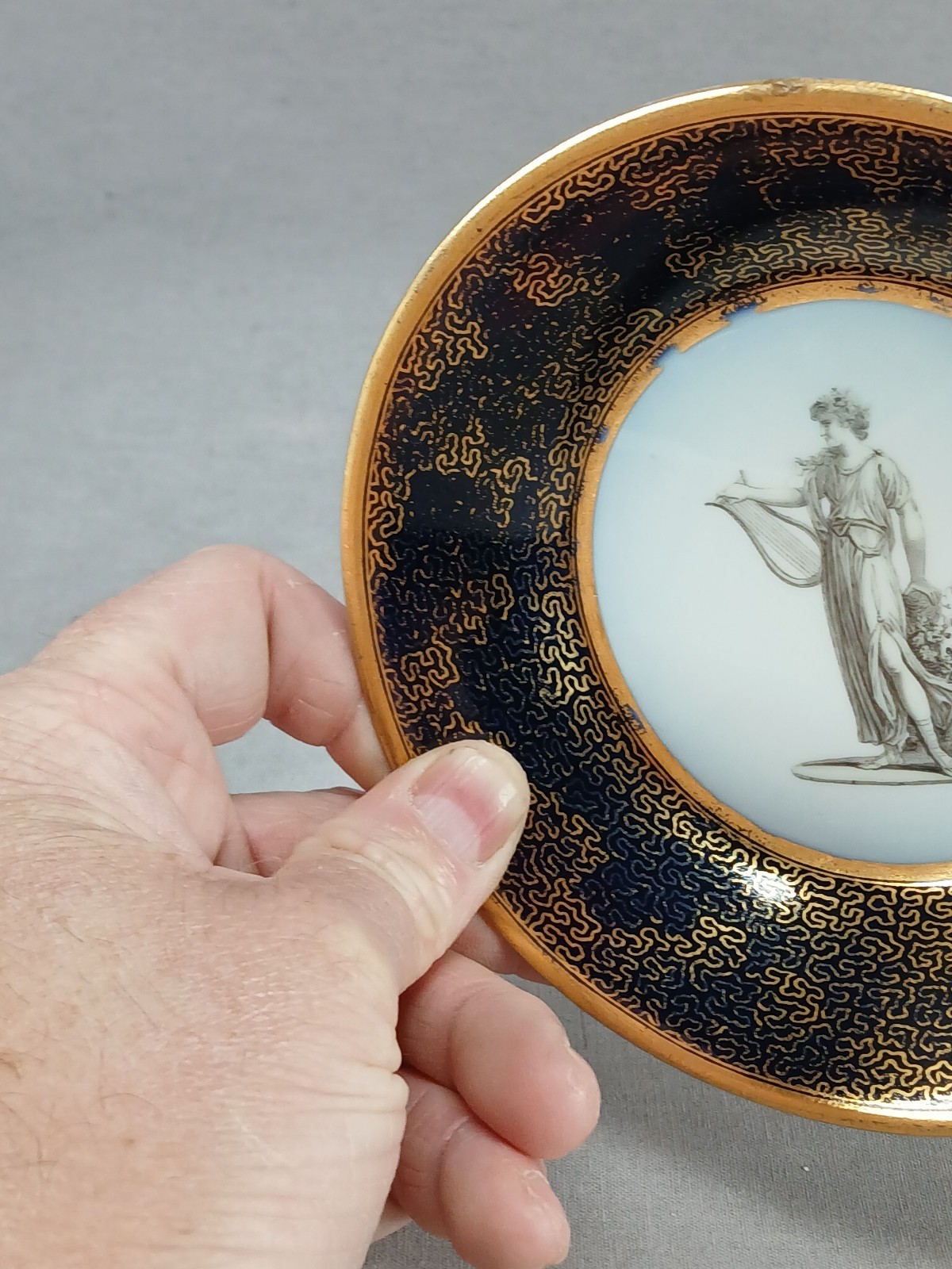 KPM Berlin Hand Painted Neoclassical Figures Cobalt & Gold Cup & Saucer C. 1790